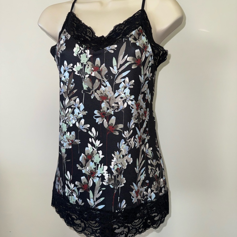 White House Black Market (Small) Black Neutral Floral Pattern Tank with Lace Tri